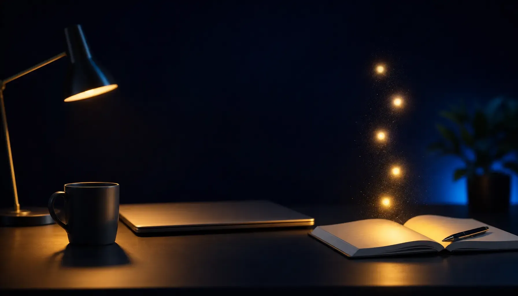 Opgeruimd bureau bij avondlicht waar vijf gouden lichtpunten opstijgen uit een open notitieboek