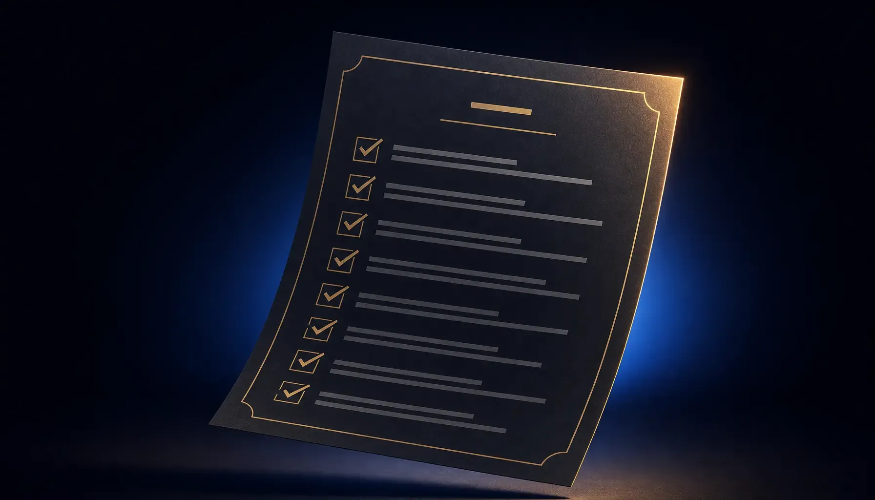 Voorbeeld van de AI-checklist: donker document met gouden afvinkvakjes
