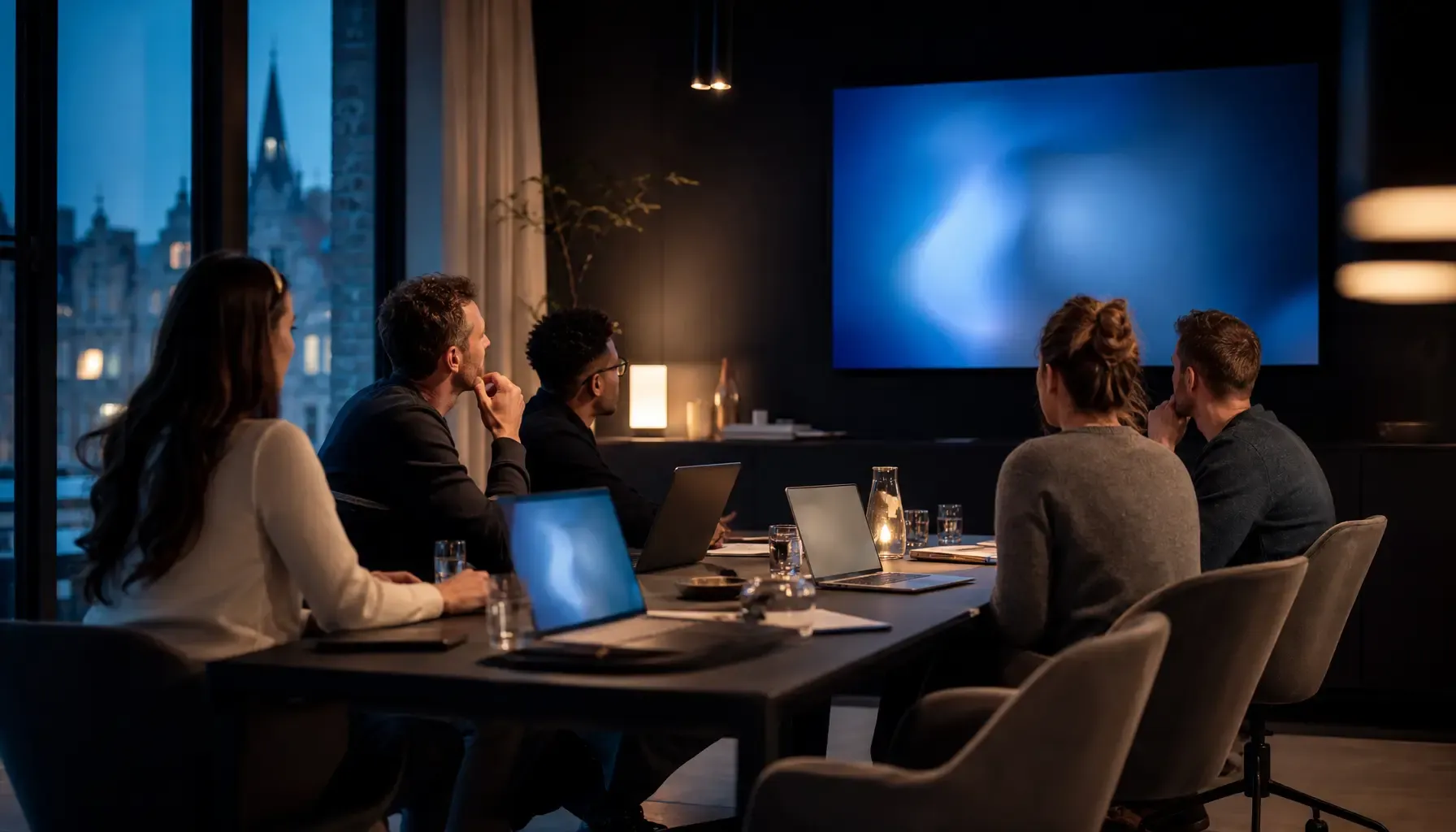 Team volgt een AI-workshop in een sfeervol verlicht kantoor bij valavond