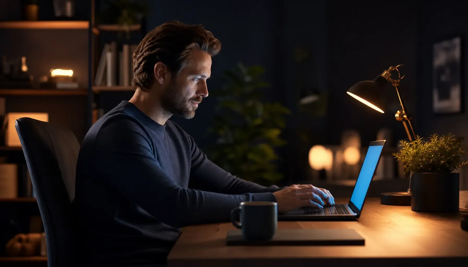 Professional werkt 's avonds ontspannen op een laptop in een warm verlicht thuiskantoor